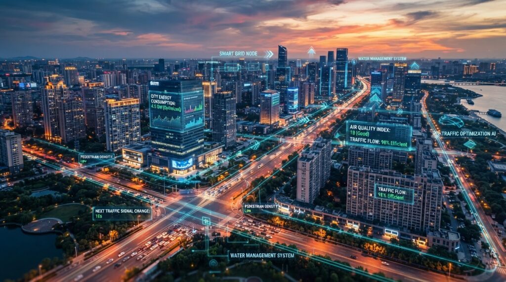 Cidade inteligente com inteligência artificial gerenciando tráfego energia e segurança pública em tempo real