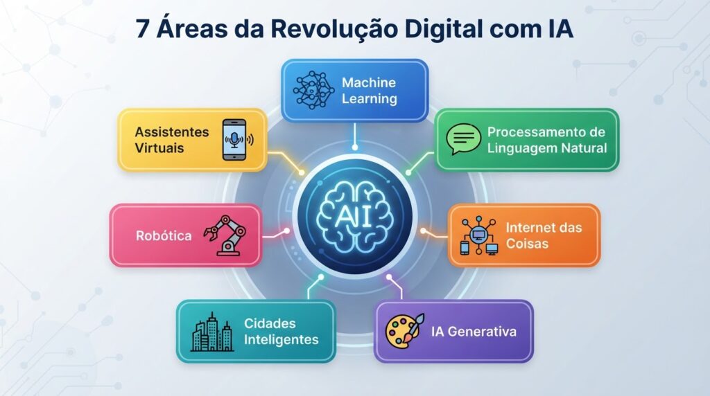 Infográfico das 7 áreas transformadas pela inteligência artificial na revolução digital em 2026