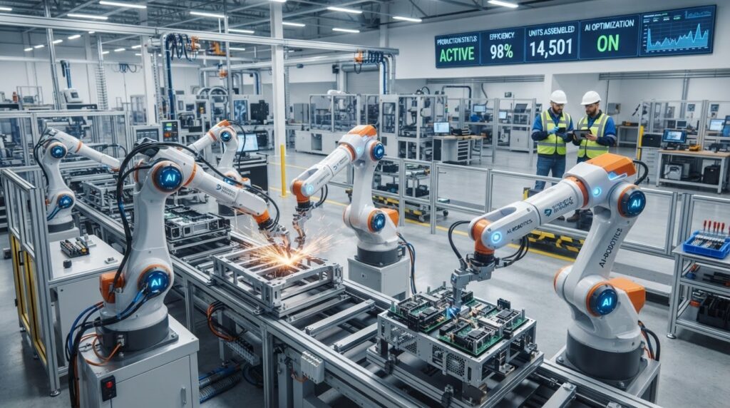 Robôs com inteligência artificial executando tarefas de precisão em linha de montagem industrial automatizada