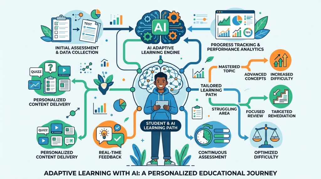 Diagrama de aprendizado adaptativo com inteligência artificial na educação