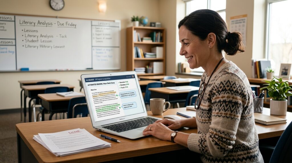 Professor utilizando IA na educação para automatizar correção de avaliações