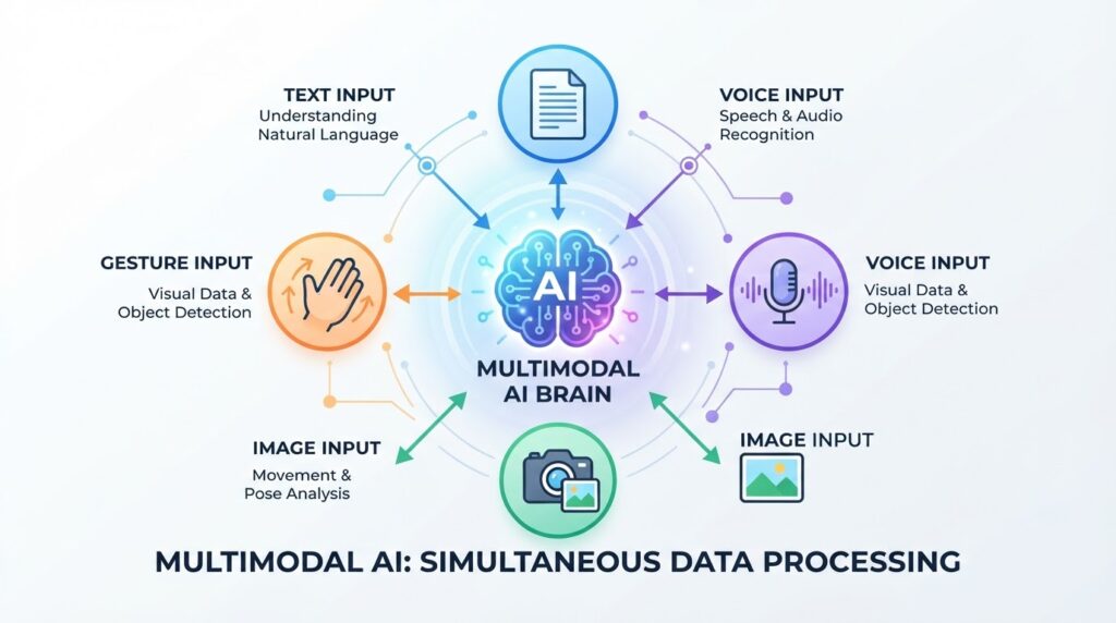 IA multimodal processando texto, voz, imagem e gestos simultaneamente para comunicação humano-máquina
