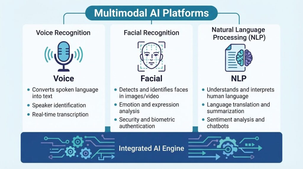 Plataformas de IA multimodal integrando reconhecimento de voz, facial e processamento de linguagem natural