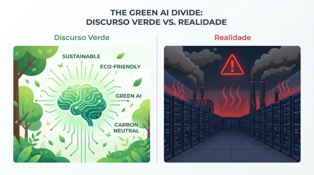 Contraste entre discurso verde de marketing e impacto ambiental real de data centers de IA