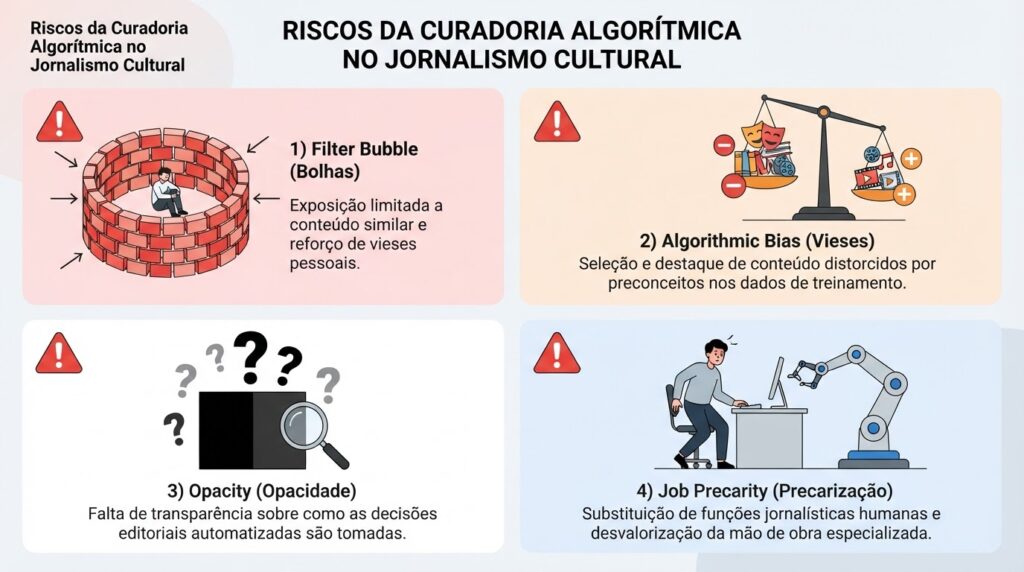 Infográfico dos 4 riscos da curadoria algorítmica no jornalismo cultural: bolhas de consumo, vieses, opacidade e precarização