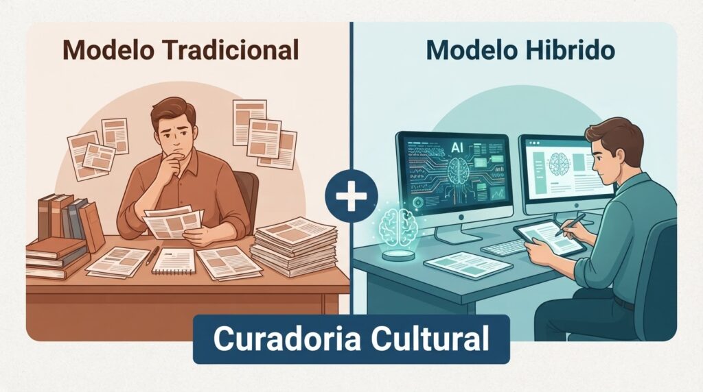 Comparação entre curadoria cultural tradicional e modelo híbrido com IA e supervisão humana