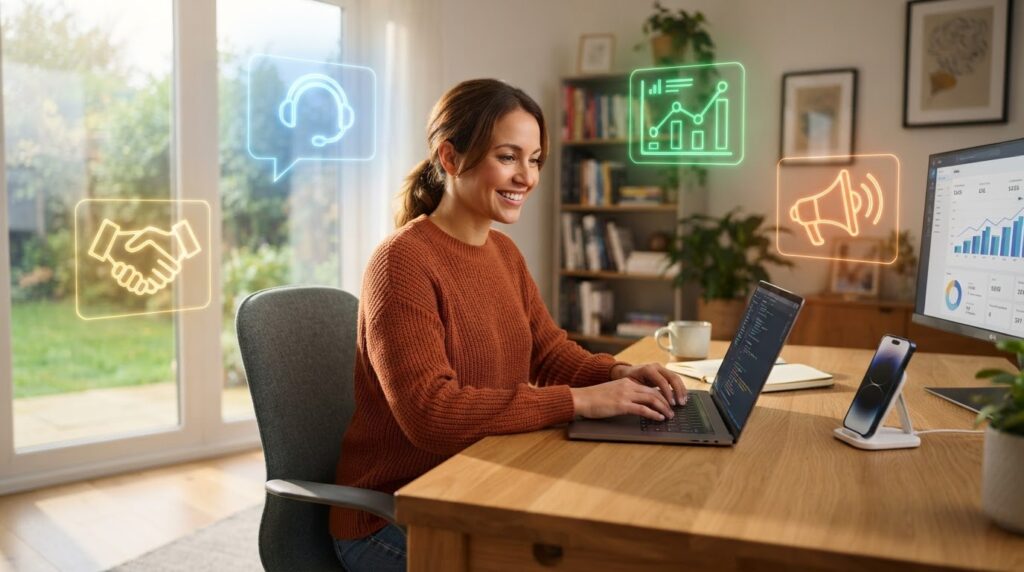 Vendedor solo utilizando ferramentas de IA para automatizar vendas e atendimento como uma equipe completa.