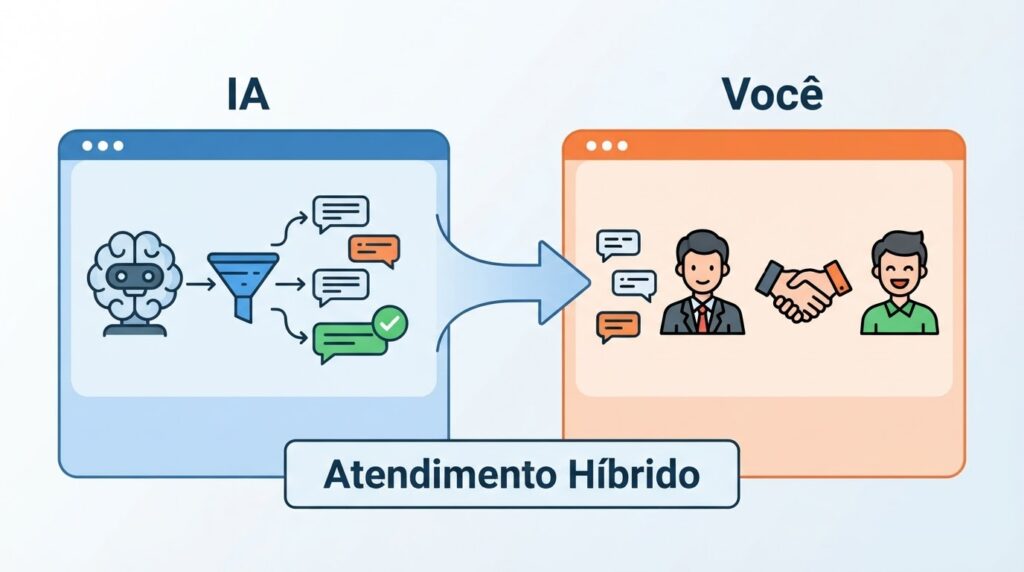 Diagrama de atendimento híbrido com IA fazendo triagem de clientes e vendedor humano fechando vendas.