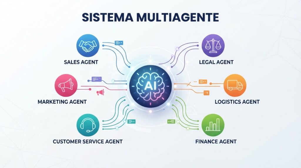 Sistema multiagente de IA autônoma com agentes especializados colaborando em rede para executar fluxos de trabalho complexos