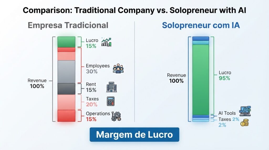 Comparação de faturamento e margem de lucro entre empresa tradicional e solopreneur de elite com IA em 2026