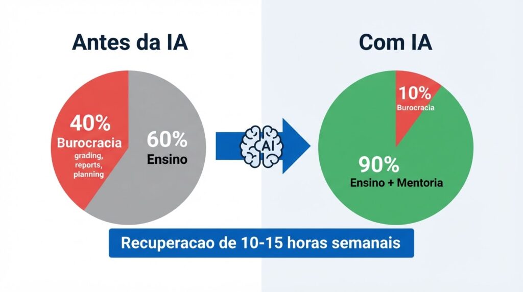 Infográfico mostrando recuperação de tempo do professor com automação de tarefas burocráticas usando inteligência artificial