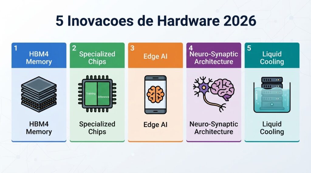 Infográfico das 5 inovações em super-chips de IA em 2026: HBM4, chips especializados, Edge AI, arquitetura neuro-sináptica e resfriamento líquido