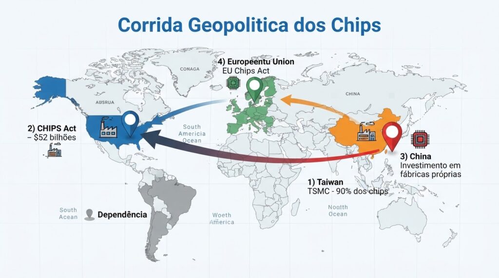 Mapa da corrida geopolítica por super-chips de IA mostrando Taiwan, EUA, China e União Europeia na disputa por soberania tecnológica