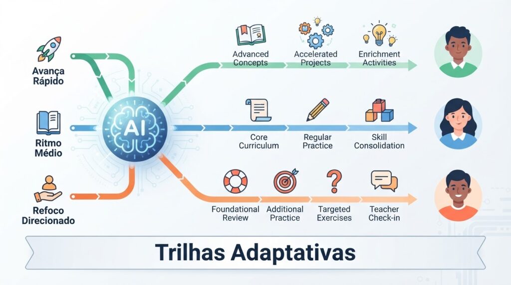 Infográfico de trilhas de aprendizagem personalizadas por IA mostrando diferentes percursos para cada aluno conforme seu ritmo e dificuldade