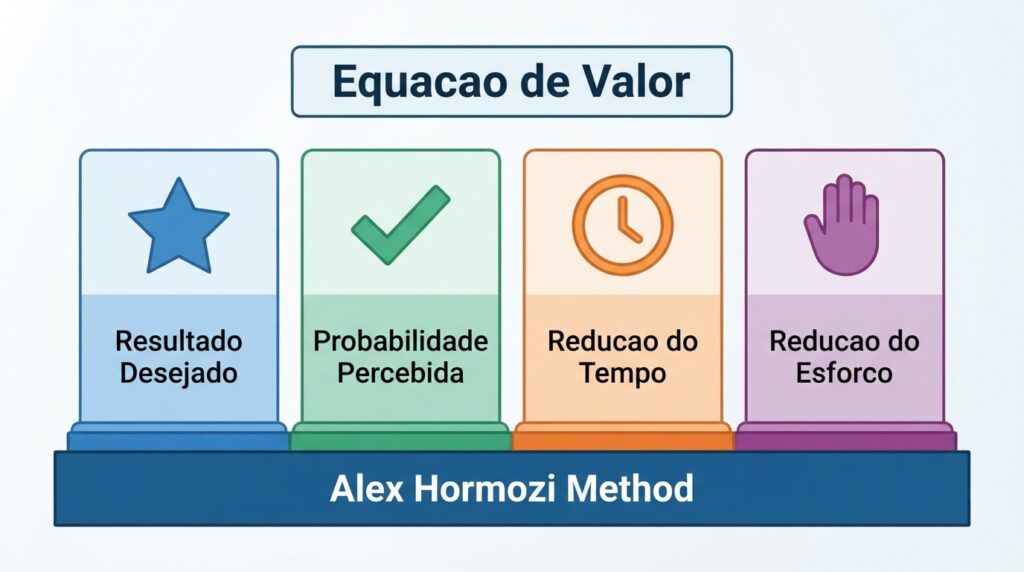 Infográfico dos 4 pilares da equação de valor de Alex Hormozi: Dream Outcome, Perceived Likelihood, Time Delay e Effort Sacrifice