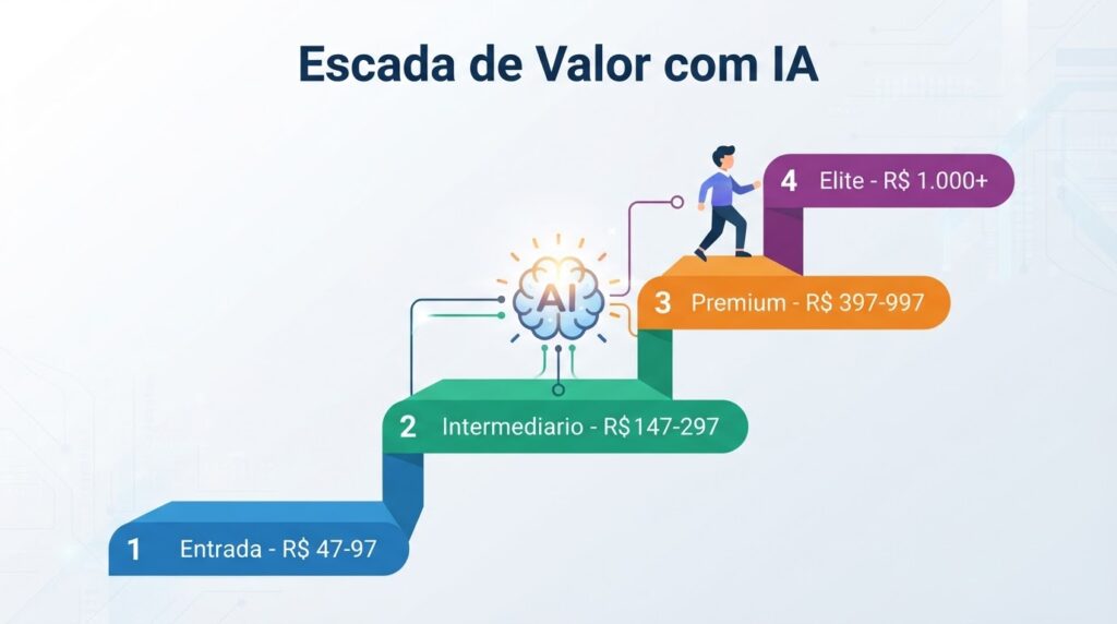 Escada de valor com 4 níveis mostrando a progressão do cliente do produto de entrada ao premium com automação de IA