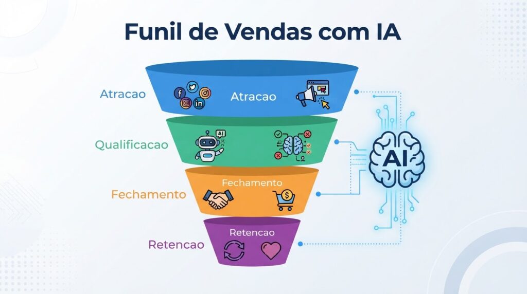 Funil de vendas com IA mostrando etapas de atração, qualificação automática, fechamento e retenção de clientes