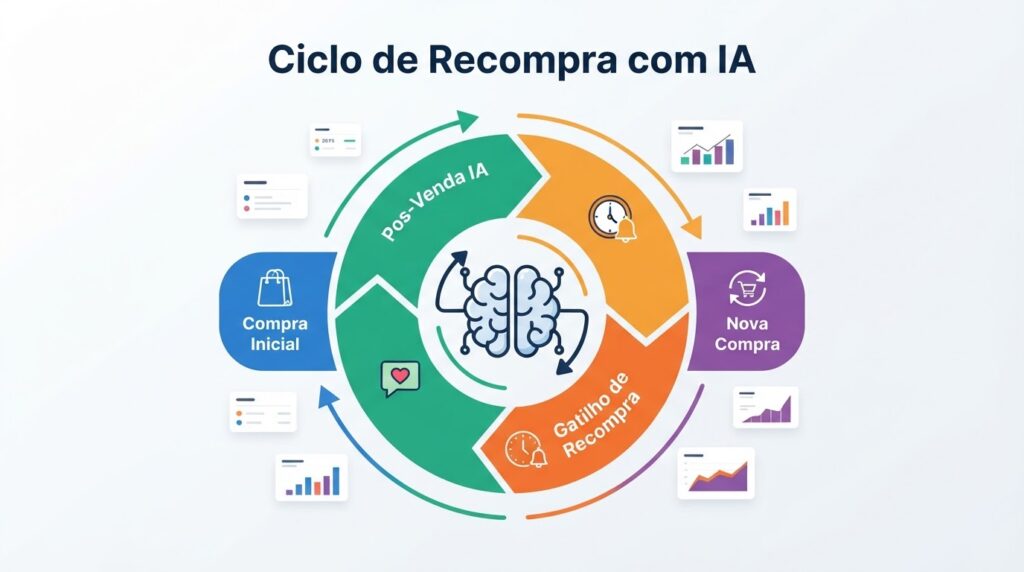 Ciclo de recompra com IA mostrando cliente retornando para novas compras através de gatilhos automáticos de recompra