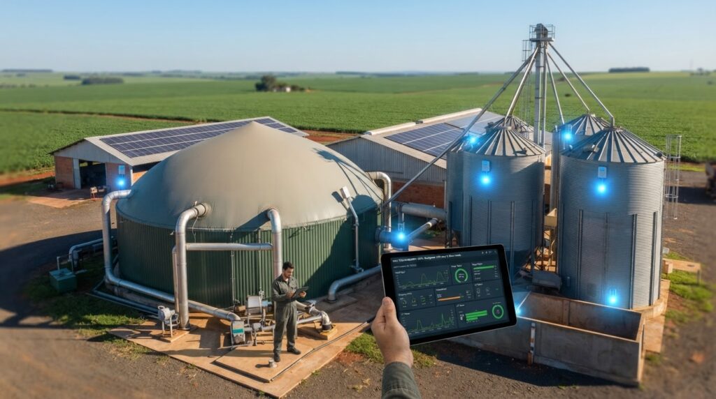 Fazenda sustentável com biodigestor e sensores de IA para gestão inteligente de resíduos no agronegócio brasileiro