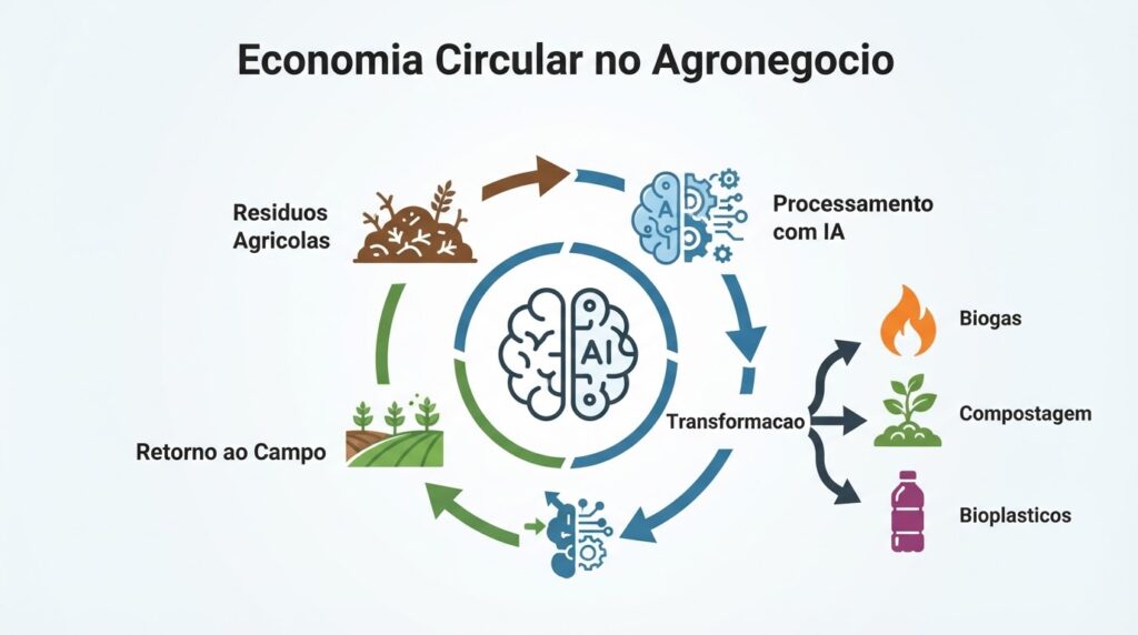 Ciclo da economia circular no agronegócio mostrando transformação de resíduos em biogás, compostagem e bioplásticos com IA