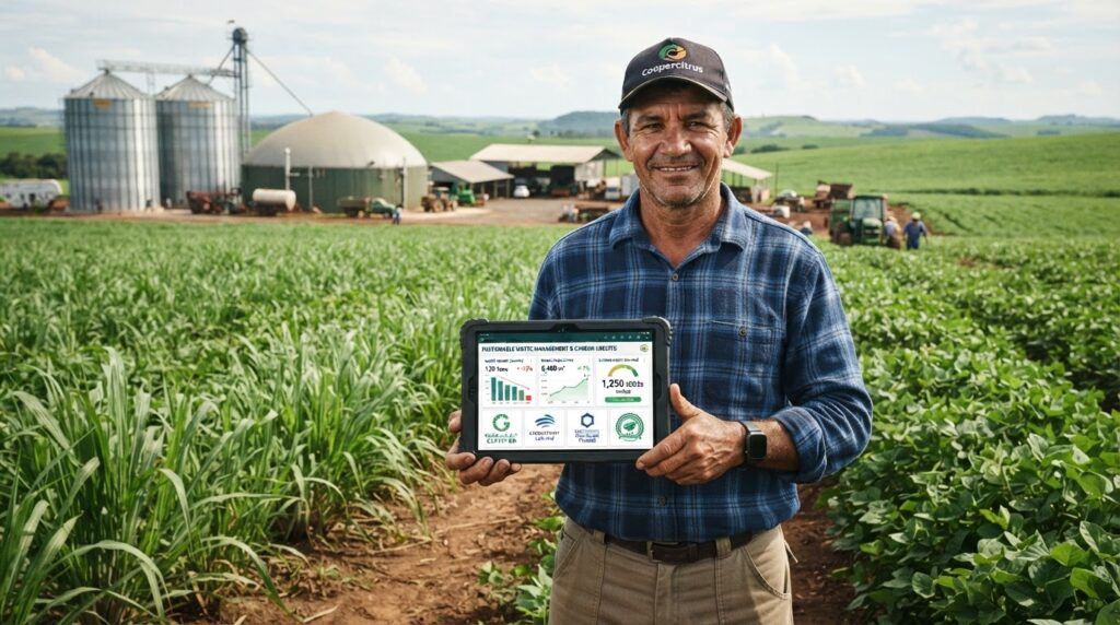 Produtor rural analisando dashboard de IA para gestão de resíduos com rastreabilidade blockchain e créditos de carbono