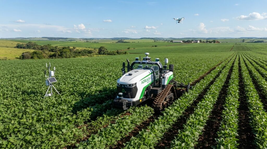 Trator autônomo com sensores de IA realizando agricultura de precisão em lavoura de soja no Cerrado brasileiro