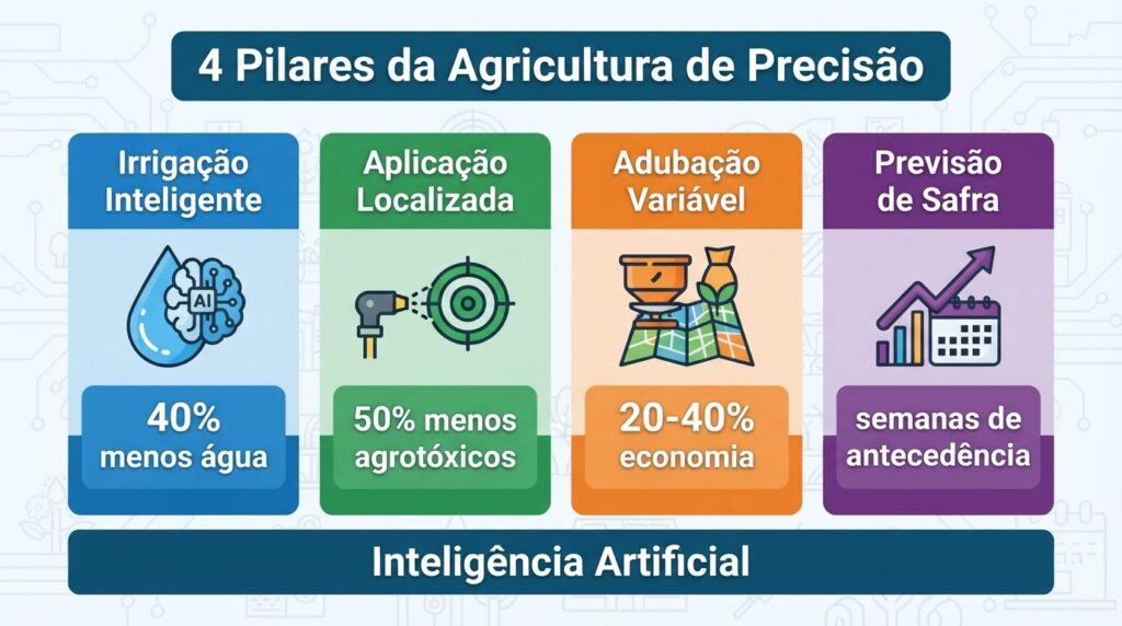 Infográfico dos 4 pilares da agricultura de precisão com IA: irrigação inteligente, aplicação localizada, adubação variável e previsão de safra