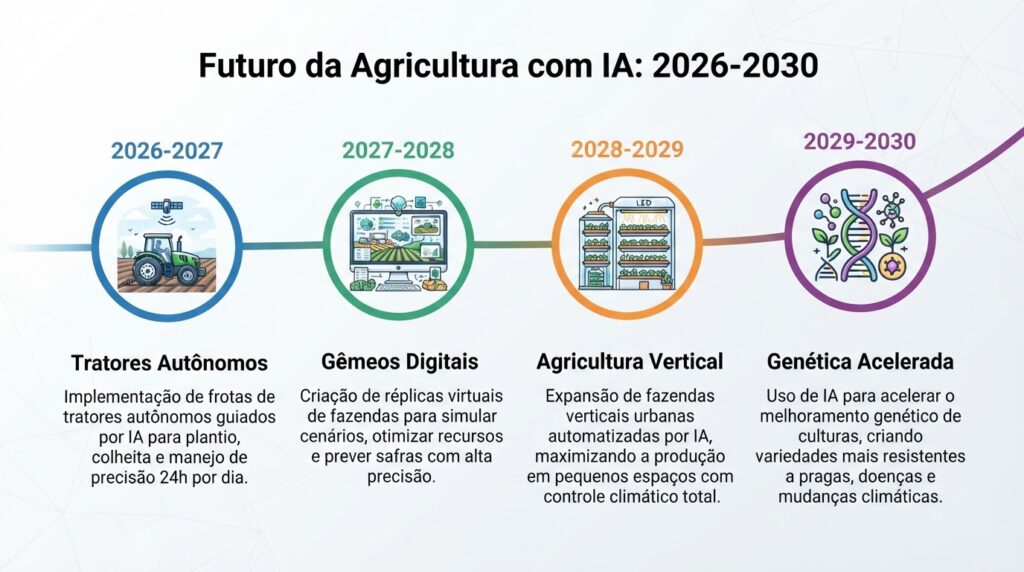Linha do tempo do futuro da agricultura com IA de 2026 a 2030 mostrando tratores autônomos, gêmeos digitais e agricultura vertical