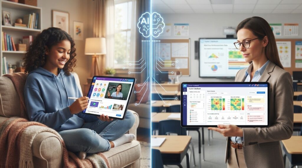 Aluno estudando em casa com IA adaptativa enquanto professor analisa dashboard de desempenho na sala de aula invertida
