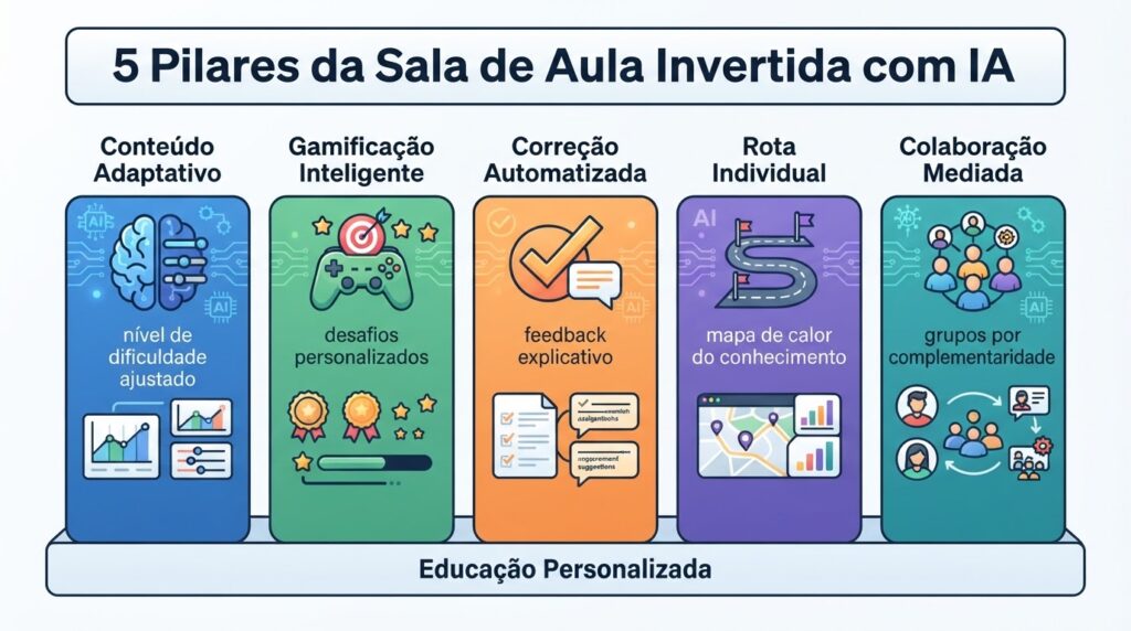 Infográfico dos 5 pilares da sala de aula invertida com IA: conteúdo adaptativo, gamificação, correção automatizada, rota individual e colaboração