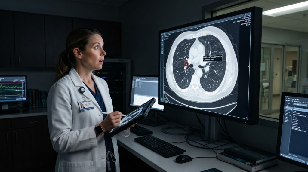 Médico do futuro com IA analisando tomografia, detectando nódulo pulmonar em estágio inicial que olho humano não identificou.
