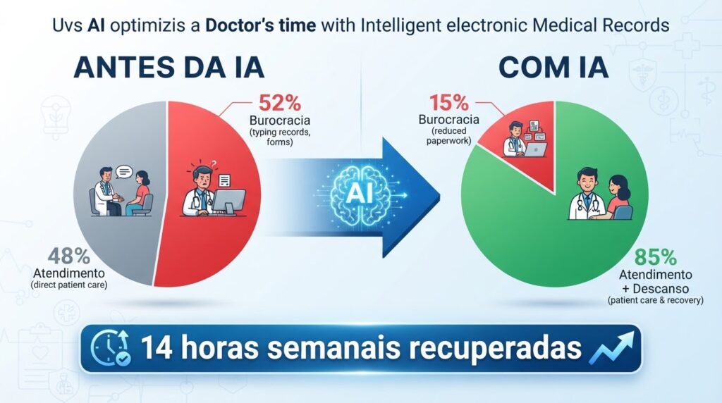 nfográfico mostrando recuperação de 14 horas semanais do médico com prontuário eletrônico inteligente e transcrição automática por IA