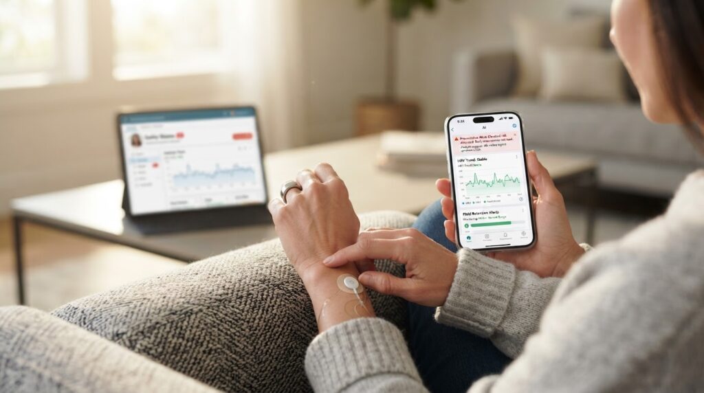 Paciente usando wearable biométrico conectado à IA que monitora sinais vitais e previne crises 48h antes dos sintomas