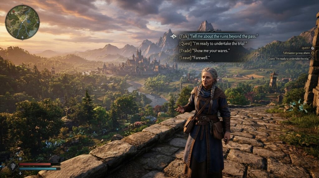 Mundo de jogo de fantasia gerado por IA em tempo real com NPC inteligente interagindo com jogador em narrativa dinâmica