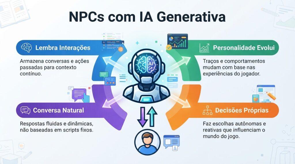 Infográfico de NPCs com IA generativa mostrando personagens que pensam reagem e evoluem baseados no comportamento do jogador