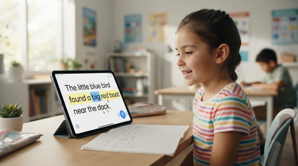 Criança usando tablet com IA que reconhece voz e corrige pronúncia em tempo real durante alfabetização.
