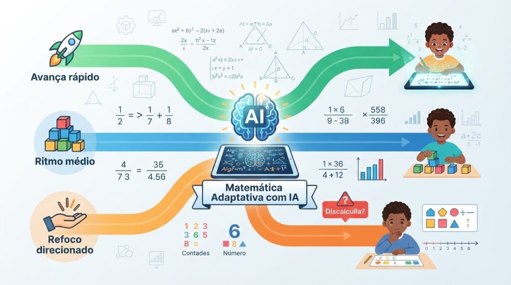 Infográfico de IA personalizando matemática para cada criança com exercícios adaptativos e detecção de discalculia.