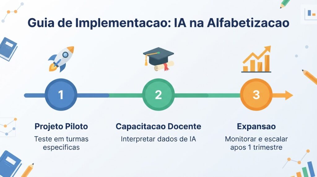 Guia prático de implementação da IA na alfabetização infantil em 3 etapas: piloto, capacitação e expansão.