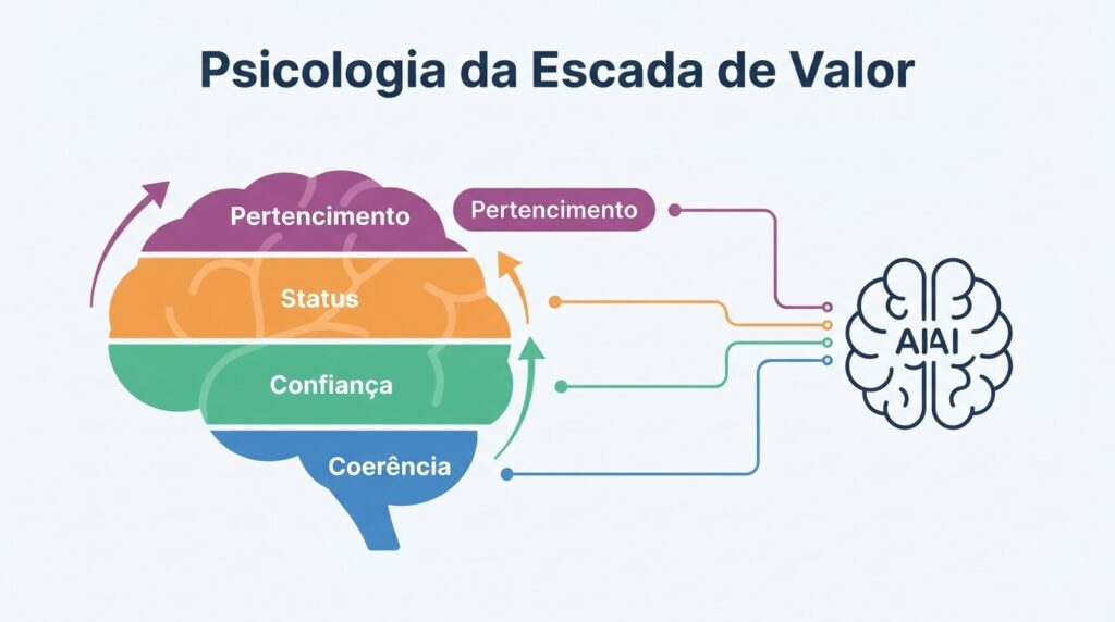 Psicologia do consumo na escada de valor avançada com IA, mostrando gatilhos mentais de decisão em cada degrau, analisando comportamento do cliente