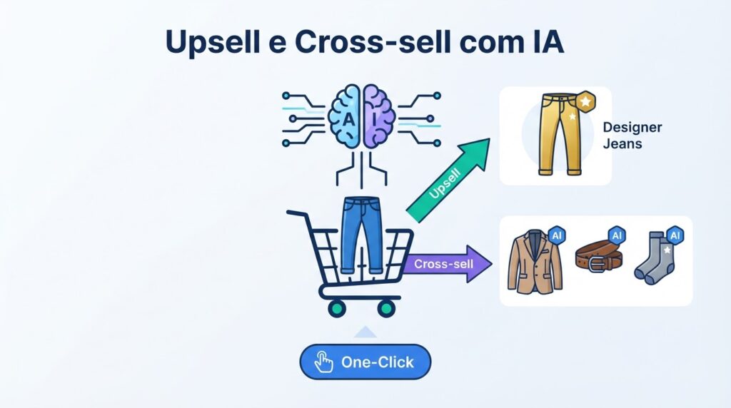 Infográfico de upsell e cross-sell inteligente com IA mostrando sugestões automáticas de produtos complementares no momento da compra