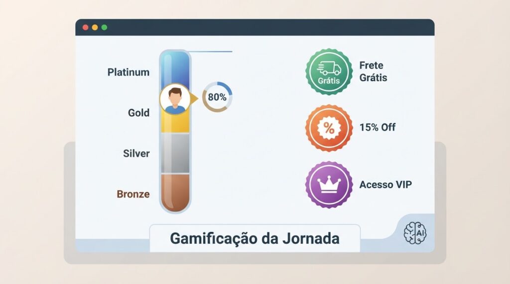 Dashboard de gamificação da jornada do cliente mostrando níveis de fidelidade recompensas e progressão na escada de valor