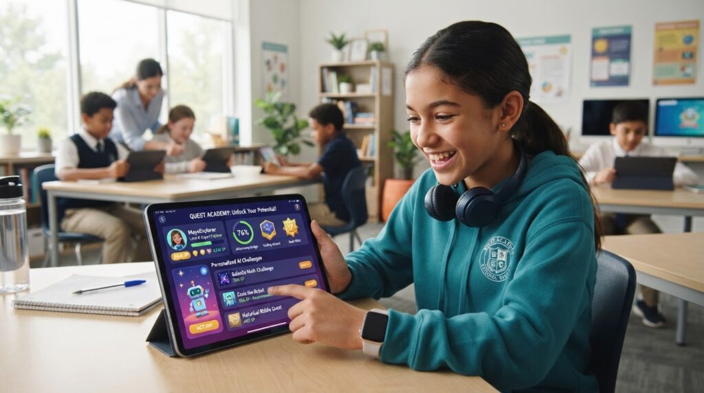 Aluna usando tablet com plataforma gamificada de IA mostrando sistema de pontos níveis e conquistas personalizadas na educação