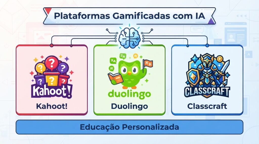 Plataformas de gamificação com IA como Kahoot Duolingo e Classcraft sendo usadas em sala de aula para engajamento dos alunos
